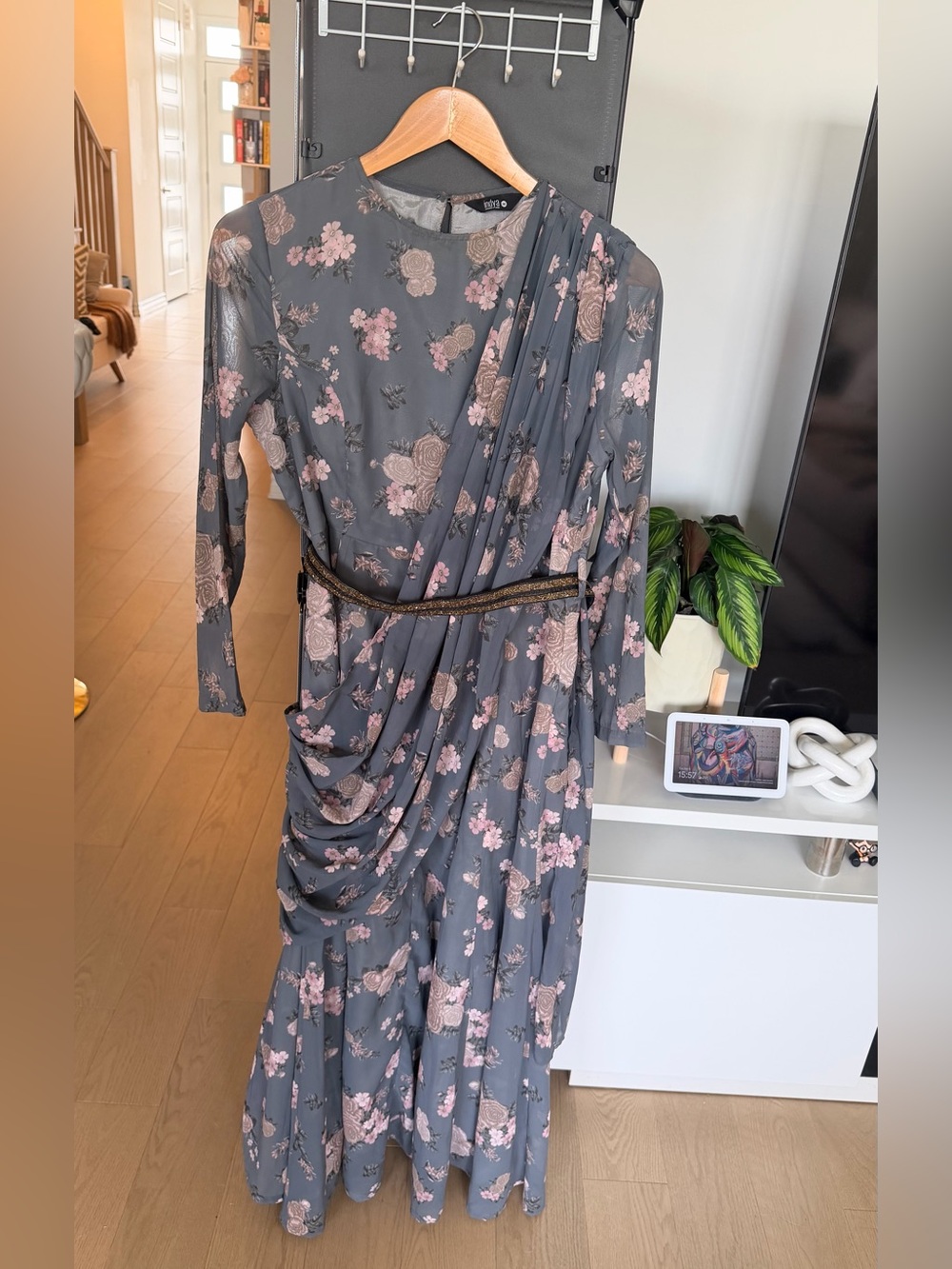 Elegant Gray Floral Draped Maxi Dress - House of Indya